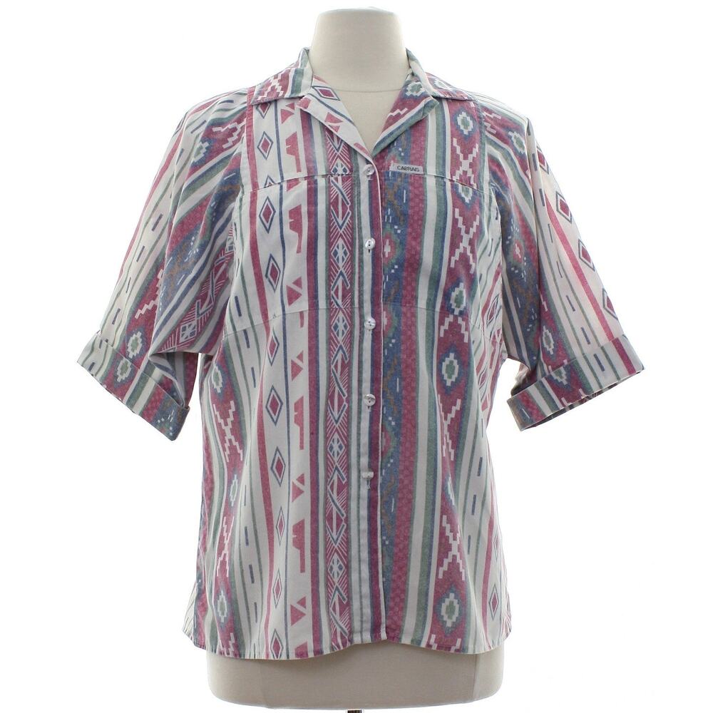 Vintage 90s Cabrais Geometric Tribal Cotton Button Front Blouse Women's Medium